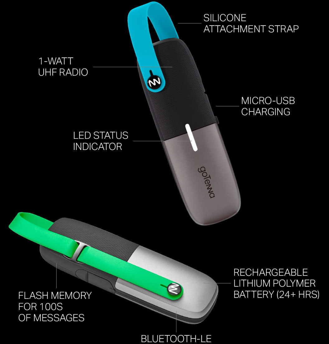 Two goTenna Mesh devices with references to the specs of the device: 1-watt UHF radio, LED status indicator, Silicone Attachment Strap, Micro-USB charging, Flash Memory For 100s of Messages, Bluetooth LE, & Rechargeable Lithium Polymer Battery (24+ hrs)